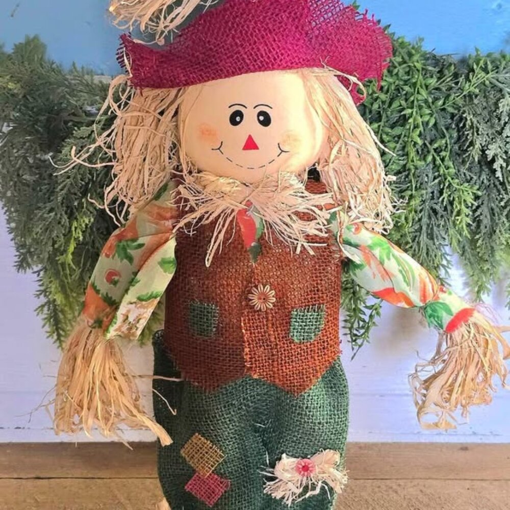 Green, Orange Burlap Carrot Print Scarecrow Fall Harvest Halloween Decoration